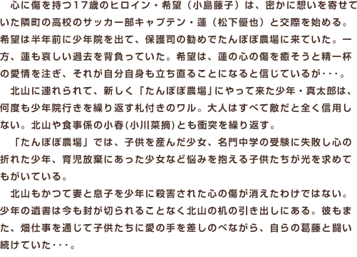 心に傷を持つ17歳のヒロイン・希望（小島藤子）は、密かに想いを寄せていた隣町の高校のサッカー部キャプテン・蓮（松下優也）と交際を始める。希望は半年前に少年院を出て、保護司の勧めでたんぽぽ農場に来ていた。一方、蓮も哀しい過去を背負っていた。希望は、蓮の心の傷を癒そうと精一杯の愛情を注ぎ、それが自分自身も立ち直ることになると信じているが･･･。北山に連れられて、新しく「たんぽぽ農場」にやって来た少年・真太郎は、何度も少年院行きを繰り返す札付きのワル。大人はすべて敵だと全く信用しない。北山や食事係の小春(小川菜摘)とも衝突を繰り返す。「たんぽぽ農場」では、子供を産んだ少女、名門中学の受験に失敗し心の折れた少年、育児放棄にあった少女など悩みを抱える子供たちが光を求めてもがいている。 北山もかつて妻と息子を少年に殺害された心の傷が消えたわけではない。少年の遺書は今も封が切られることなく北山の机の引き出しにある。彼もまた、畑仕事を通じて子供たちに愛の手を差しのべながら、自らの葛藤と闘い続けていた･･･。