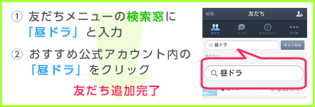 ①メニューの「友だち追加」から「ID検索」を選択。　②「@hirudora」と入力して検索