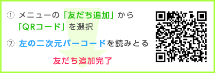 ①メニューの「友だち追加」から「QRコード」を選択。　②左の二次元バーコードを読みとる