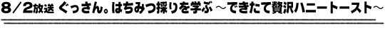 8/2放送「ぐっさん。はちみつ採りを学ぶ〜できたて贅沢ハニートースト〜」