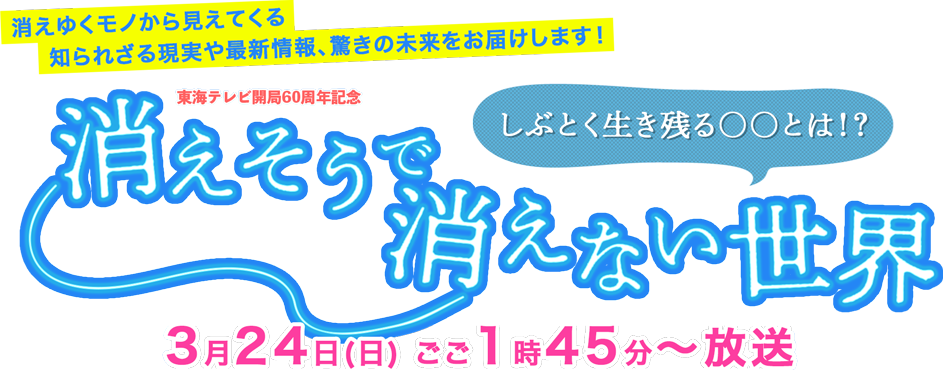 「消えそうで消えない世界」消えゆくモノから見えてくる知られざる現実や最新情報、驚きの未来をお届けします！3月24日(日) ごご1時45分〜放送