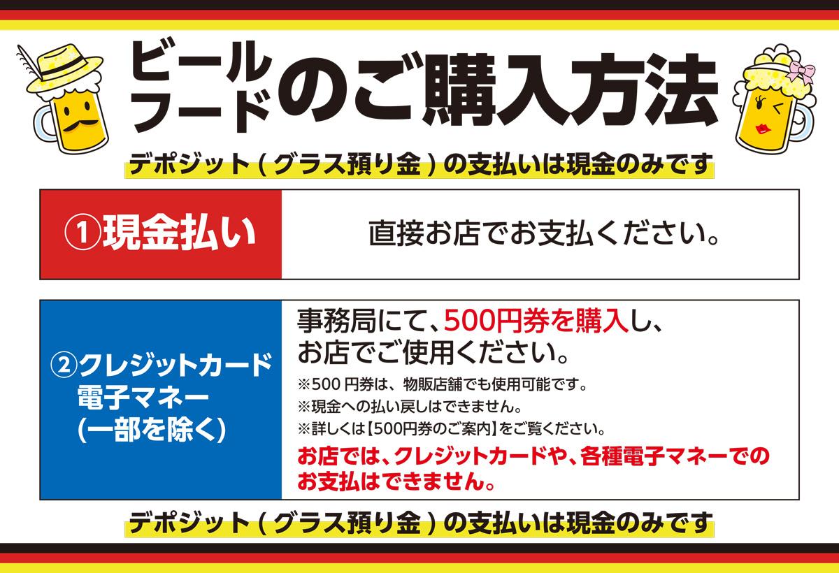 ビール・フードのご購入方法　デポジット（グラス預かり金）の支払いは現金のみです。①現金払い　直接お店でお支払いください。②クレジットカード・電子マネー　事務局にて、500円券を購入し、お店でご使用ください。お店では、クレジットカードや、各種電子マネーでのお支払いはできません。