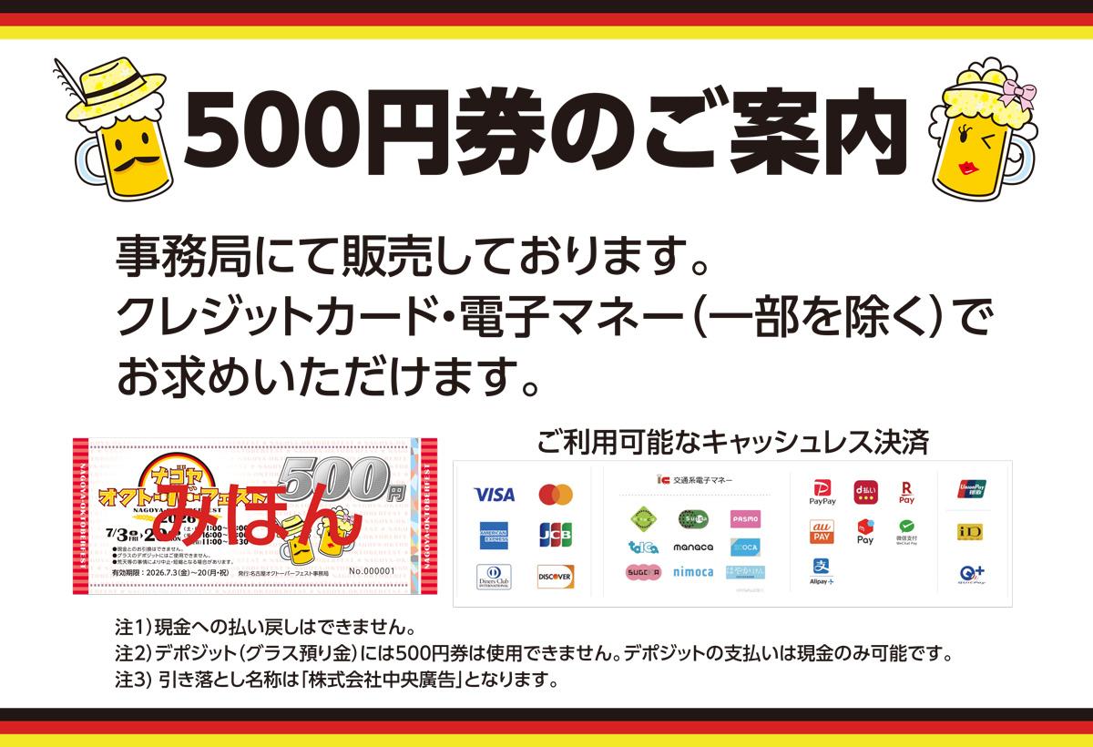 500円券のご案内　事務局にて販売しております。クレジットカード・電子マネーでお求めいただけます。注1）現金への払い戻しはできません。注2）デポジット（グラス預かり金）には500円券は使用できません。注3）引き落とし名称は「株式会社中央廣告」となります。