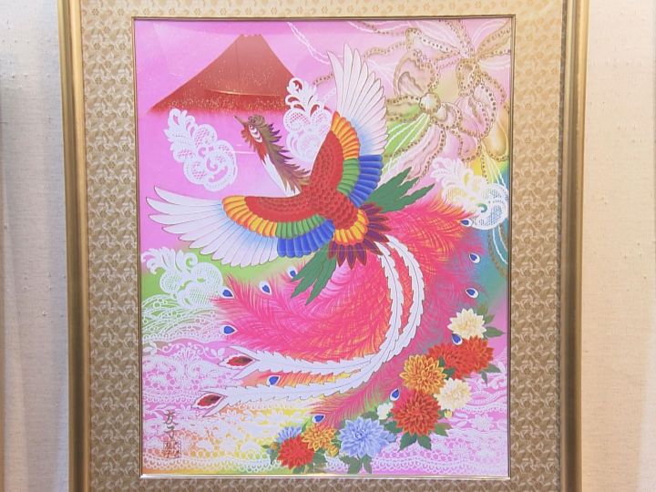 開運絵画【あいはら友子 】富士に鳳凰 (レッド・梅) 10号 希少１点物縦