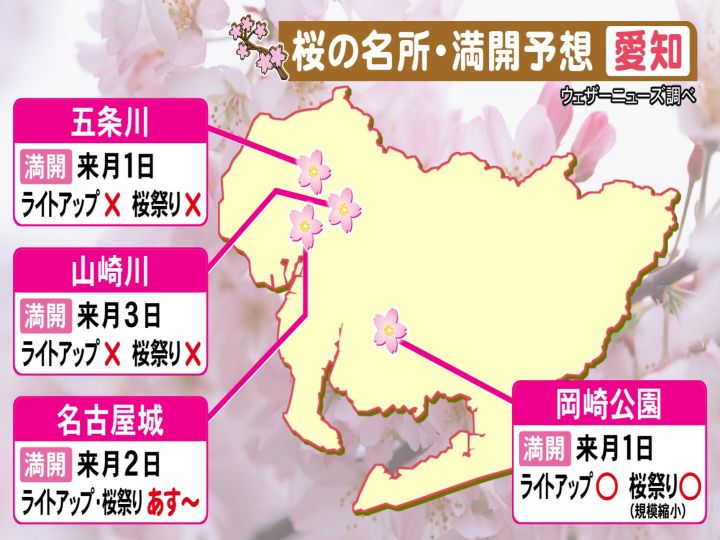 早い所では4月初旬に満開か 東海3県の桜の名所の 満開情報 ライトアップや桜祭りなど開催する所も 東海テレビnews