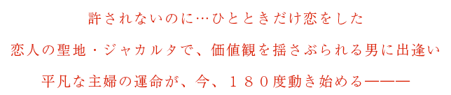 許されないのに…ひとときだけ恋をした
恋人の聖地・ジャカルタで、価値観を揺さぶられる男に出逢い
平凡な主婦の運命が、今、１８０度動き始める