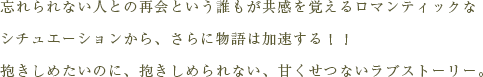 忘れられない人との再会という誰もが共感を覚えるロマンティックな
シチュエーションから、さらに物語は加速する！！
抱きしめたいのに、抱きしめられない、甘くせつないラブストーリー。